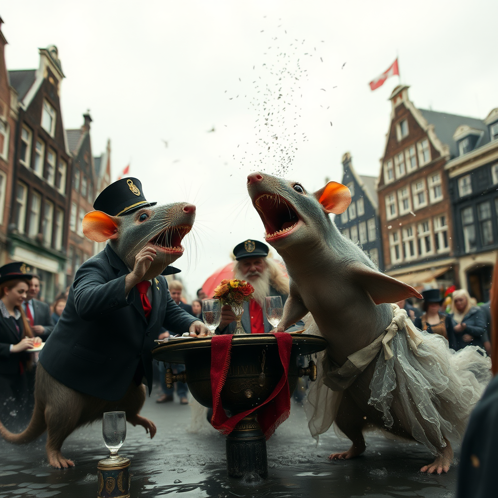 A rat wedding being attacked by hammerhead sharks, no text, Lovecraftian, in Amsterdam, steam punk