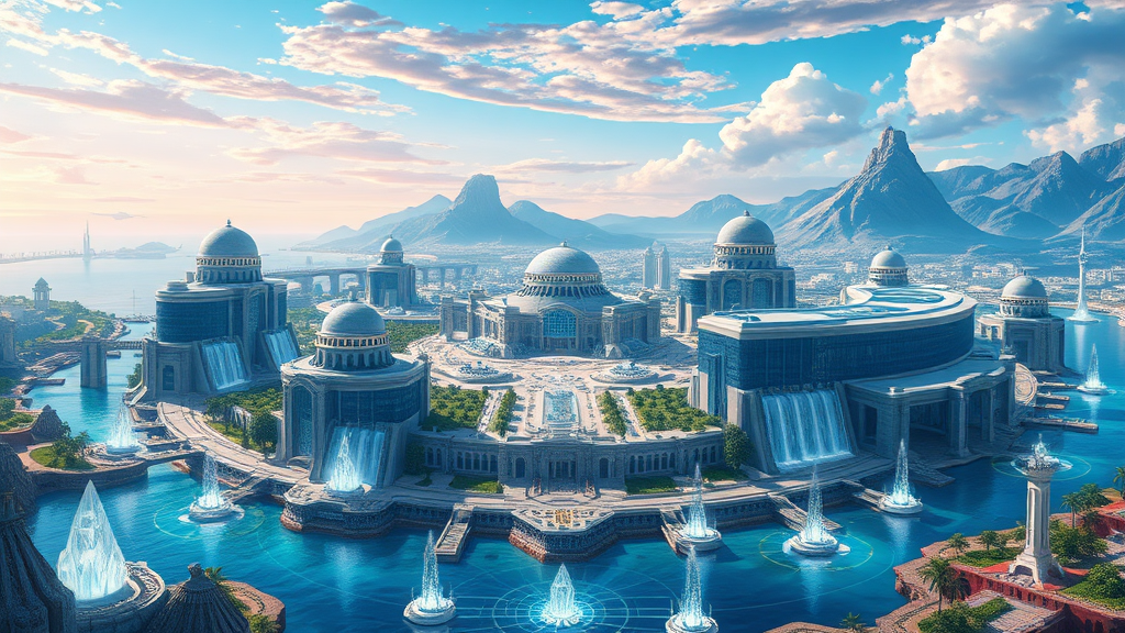 In this 8k resolution anime art piece, the grand city of Greater Atlantis is portrayed with breathtaking clarity and cinematic quality. The cityscape is a mesmerizing fusion of ancient Greek aesthetics and futuristic technology, creating a scene of unparalleled beauty and sophistication.

Cityscape:

Structures: The city features massive, blue-marble-colored buildings with uniquely shaped, elegant structures reminiscent of Greek architecture but with a high-tech twist. These buildings are adorned with intricate patterns and glowing accents, emphasizing their advanced nature.  
Ringed Structure: Encircling the entire city is a monumental ringed structure, its design both protective and majestic. The ring is adorned with luminous patterns, creating a halo of light that highlights the city's grandeur.  
Natural Features:

Waters: Expansive, shimmering waters surround the city, reflecting the intricate architecture and the vibrant sky above. The water is dotted with futuristic floating objects, their white technological designs adding a sleek, modern touch.  
Mountains: Towering mountains rise in the background, their peaks crowned with cascading waterfalls that flow gracefully into the city’s waters. The waterfalls glisten in the sunlight, adding a natural, serene element to the scene.  
Pyramids: Scattered throughout the city are pure quartz pyramids, each topped with a radiant crystal. These pyramids are illuminated, casting a mystical glow over the surroundings.  
Technological Elements:

Hovering Objects: White technological devices hover elegantly over the water, their designs sleek and advanced. These objects emit a soft, ethereal light, enhancing the futuristic atmosphere of the city.  
Tropical Lands:

Landscapes: The city’s environment includes lush tropical lands, with vibrant greenery and exotic plants that contrast beautifully with the technological marvels. The tropical vegetation adds a touch of natural beauty and warmth to the otherwise sleek, futuristic cityscape.  
Overall Aesthetic: The entire composition is bathed in a soft, cinematic light, enhancing the rich colors and intricate details. The scene captures the essence of Greater Atlantis, a city that seamlessly blends ancient grandeur with futuristic innovation, creating a stunning and immersive visual experience.