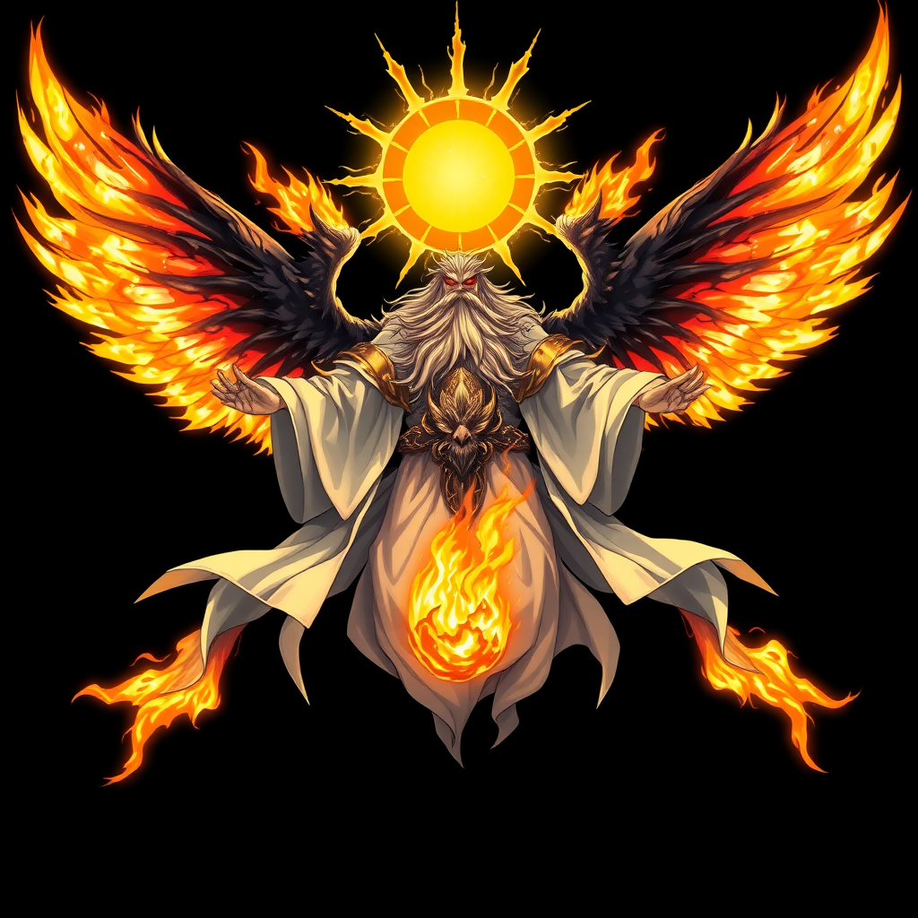 (Anime styled art) Black background of a An ominous, divine yet malevolent being hovers mid-air, radiating an overwhelming presence. His four wings blaze with fierce, roaring flames, while a fractured halo—resembling the sun—floats above his head. Clad in flowing robes of white, gold, and black that shimmer like solar flares, his long, ancient beard adds to his fearsome visage. His wrathful, ember-like eyes burn with fiery intensity, and in his hand, he grips a searing, solar flame that blazes in hues of yellow and orange, pulsating with destructive power.