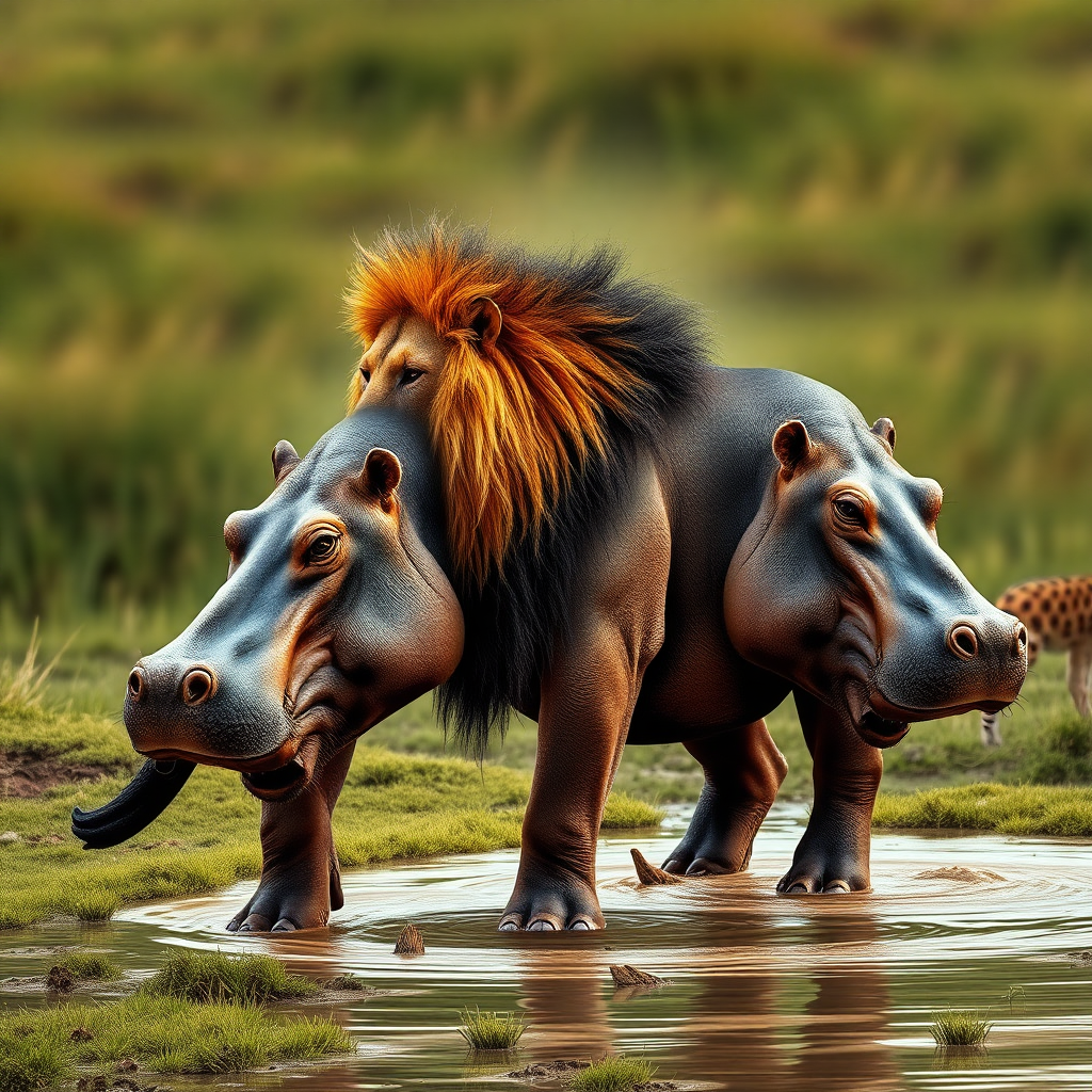 Generate a full-length photorealistic image of a lion incorporating the silhouette of a hippo. Retain the lion's skin texture, including the mane and facial features, while reshaping the body to resemble a hippo. Blend the lion’s distinct coloration with elements of the hippo, creating a striking visual. Design the background inspired by the grassy savannah habitat of lions and the muddy waters of hippos, merging both environments into a captivating wildlife scene that highlights the uniqueness of both animals in an imaginative way.