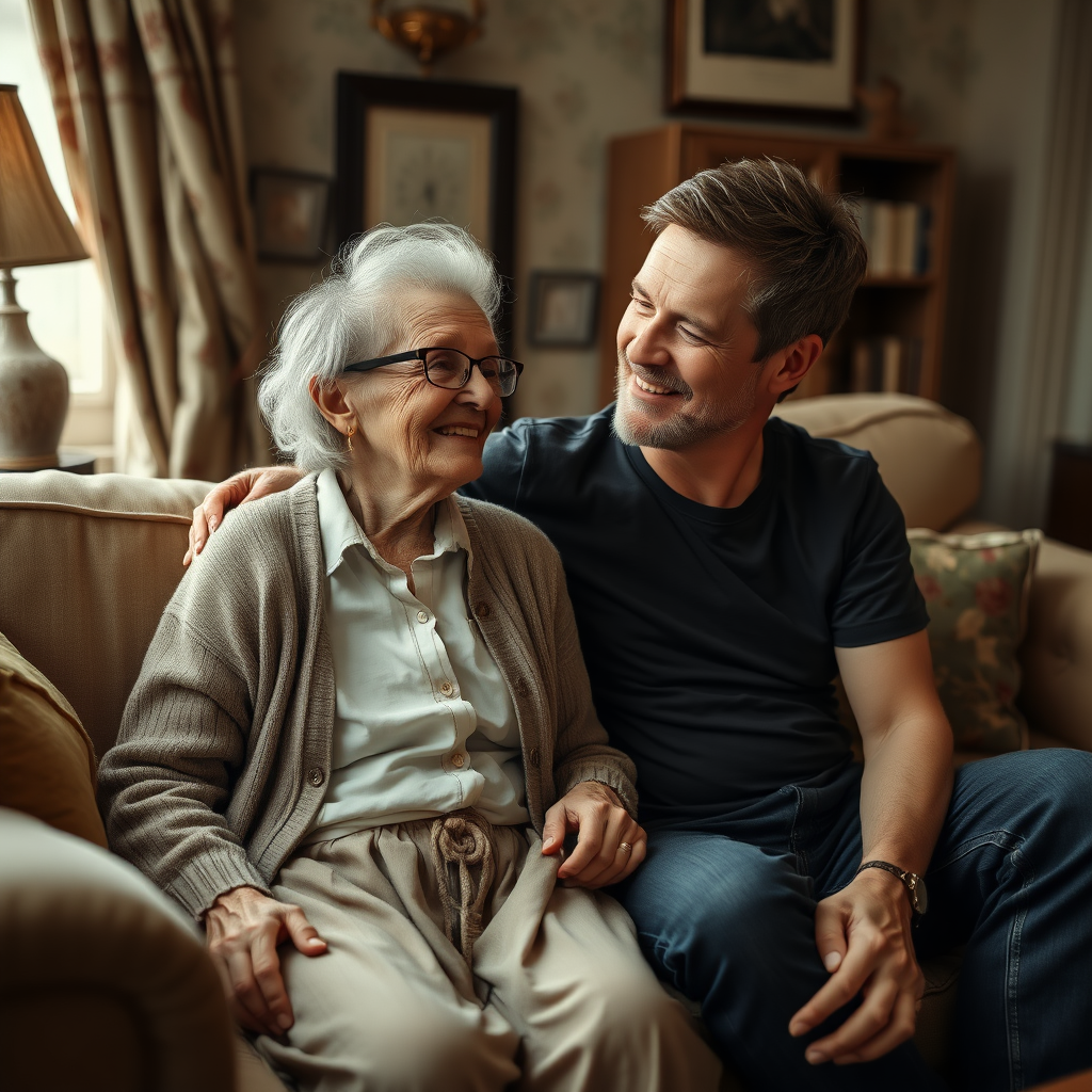 In a scene viewed from an angle and slightly above: In an old-fashioned English living room, a very frail, small and thin, very old and elderly English lady with a kind smile, short, thinning white curly hair, wrinkled face, neck and skin, wearing thin framed glasses, an old cardigan, blouse and long skirt is sitting on a sofa with an English man about 40 years old, grey stubble on his chin, brown hair, sitting close next to her on the same sofa, wearing a black T-shirt and dark blue jeans. The man and woman are smiling at each other. The woman is looking at the man's eyes and smiling. The man is looking at the woman's eyes and smiling.