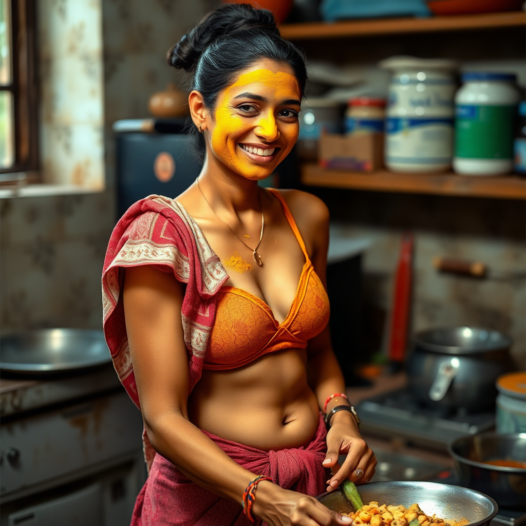 A skinny, happy, 30 year old, traditional Indian wife with hair bun, wearing a bra, skirt, and a short towel on her shoulder. She is preparing food in the kitchen. Her face is covered with a turmeric face mask.