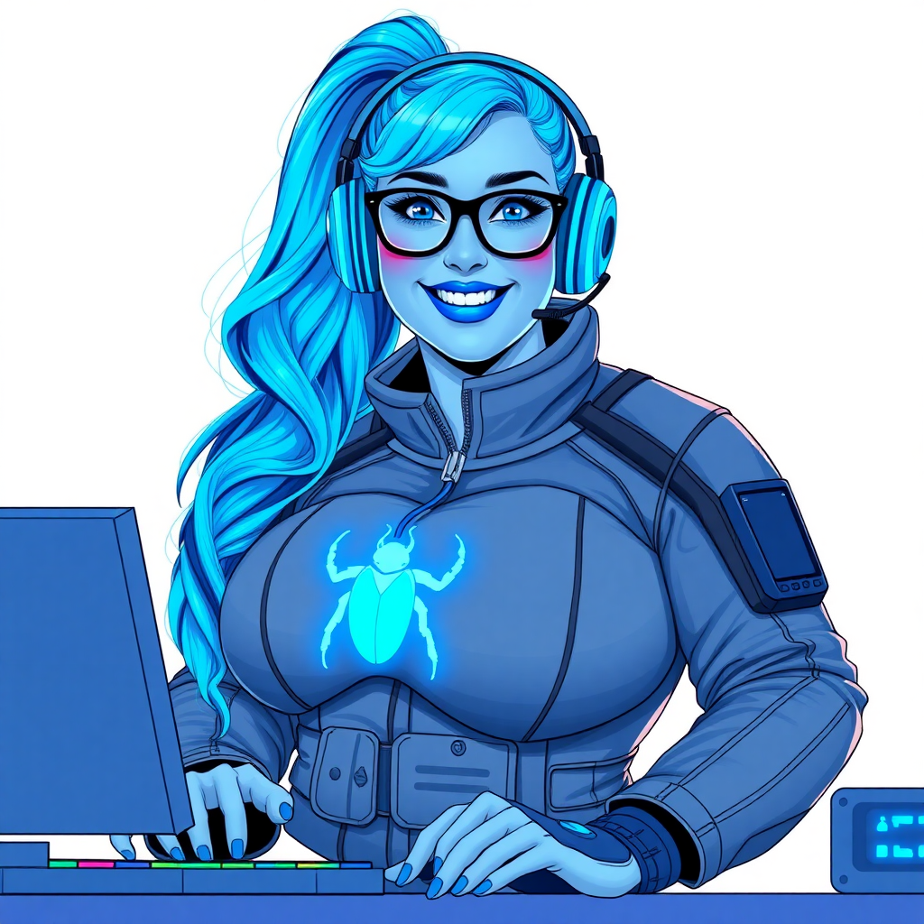 A nerdy, full figured light neon blue glowing skinned 29-year-old computer program hybrid with a long, light neon blue glowing ponytail. She wears maximum blue lipstick and has bright blue eyes. Her outfit includes a digital, computerized, middle gray biker suit featuring a neon blue glowing beetle chest icon. She sports a sapphire headset and black eyeglasses, with a beaming smile and neon red blush. Her full figure reflects the doting care of her vigilante boyfriend. As his tech expert, she works diligently at her lab table in their hideout. The background is solid white. She has a prominent, round, wrecking ball-sized midsection, sequoia tree trunk-sized limbs, and broad shoulders. Her proportions are bloated, expanded, and broadened to emphasize her full figure. Her neon glowing light blue skin highlights her digital nature. She is drawn as if she was in a retro 2D cyberpunk fighting game.