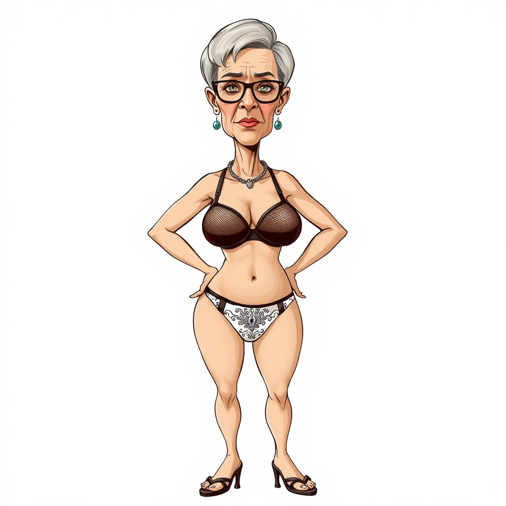 a towering 55 Years old, fit, slim, European, Latina, sharp aquiline nose, wrinkles, high cheekbones, Middle Eastern, Skinny, Tanned skin, Dark light skin, Rounded Medium breasts, Skinny thighs, full Makeup, jewelry, Serious face, Sharp nose, Ash hair, short bowl haircut, Brown eye color, Glasses, with detailed features. Hands on hips, she is wearing a transparent brown mesh tight tank top, black balconette bras and embroidered white thong, detailed fabric. full body, high heels sandals, she is gesturing at the viewer, long establishing shot, 2D, caricature, cartoon, Sketch lines, coloring book, nlack and white, coloring book style on white background, well composed, clean coloring book page, No dither, no gradient, strong outline, No fill, No solids, vector illustration, realistic proportions