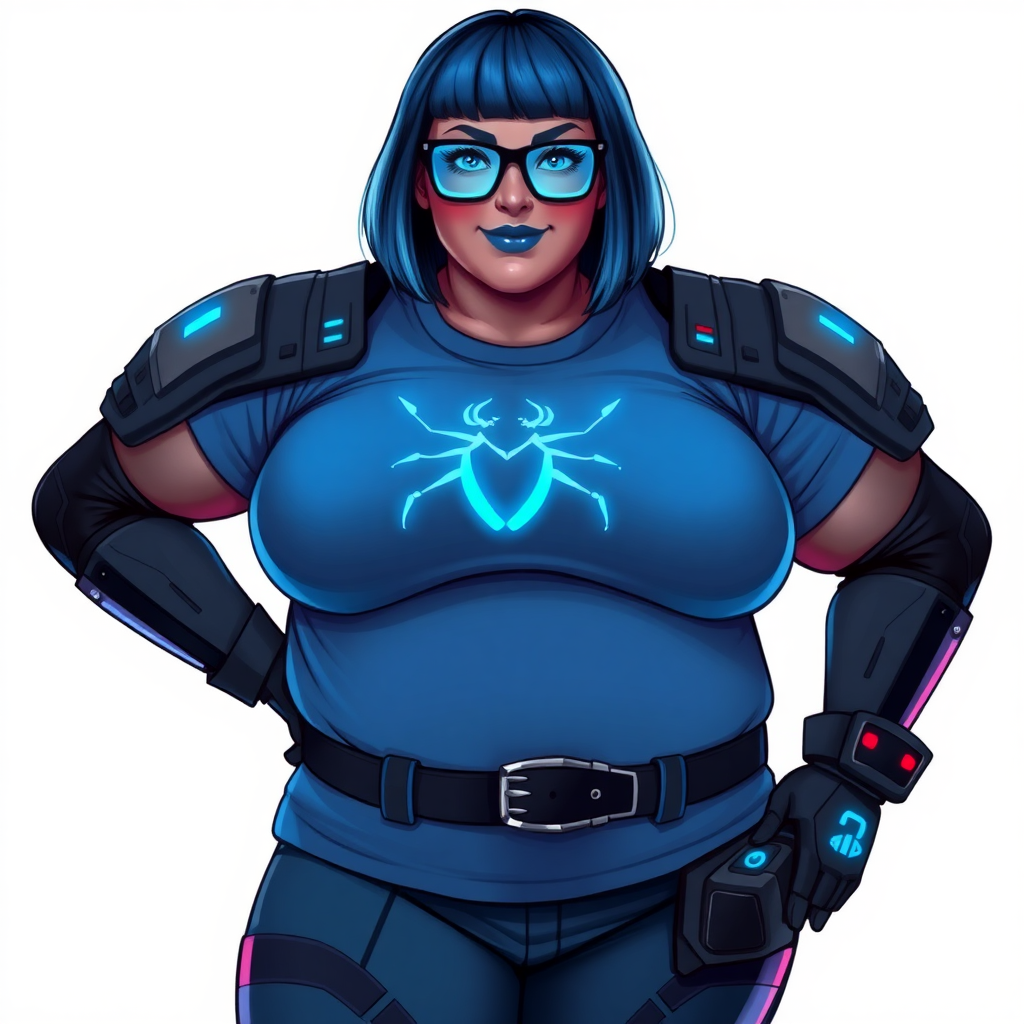 A 28-year-old, full-figured, metallic Middle Gray (N5) skinned, computer program hybrid with a maximum blue bob cut. She has a non-athletic, full-figured build, highlighted by a prominent, round, large midsection (with heavy emphasis on her large belly). As the full-figured, nerdy, digital sidekick to her cyberpunk vigilante boyfriend, her metallic middle gray (N5) skin and maximum blue lipstick emphasize her digital nature. She wears a digital, computerized costume inspired by DC’s Carrie Kelly Robin, consisting of a huge, tight-fitting, maximum blue t-shirt with a neon blue glowing beetle chest icon, hi-tech shoulder pads with neon blue glowing accents, a black hi-tech belt with a digital neon blue glowing buckle, digital maximum blue pants with neon blue accents, and black hi-tech gloves with neon blue glowing accents. Her bright blue eyes, black eyeglasses with neon blue glowing lenses with a built-in HUD, and shy smile with neon red blush accentuate her nerdiness. She stands bashfully with one hand behind her back and the other hand gently touching her cheek, her costume covering all her skin and emphasizing her full-figured physique (especially her belly). She is clearly non-athletic, with a heavy focus on her large belly. Despite her build, she radiates beauty. She has a slim face compared to her physique, accentuating her radiant beauty. She is on a solid white background. She is drawn as if she were in a retro 2D cyberpunk fighting game.