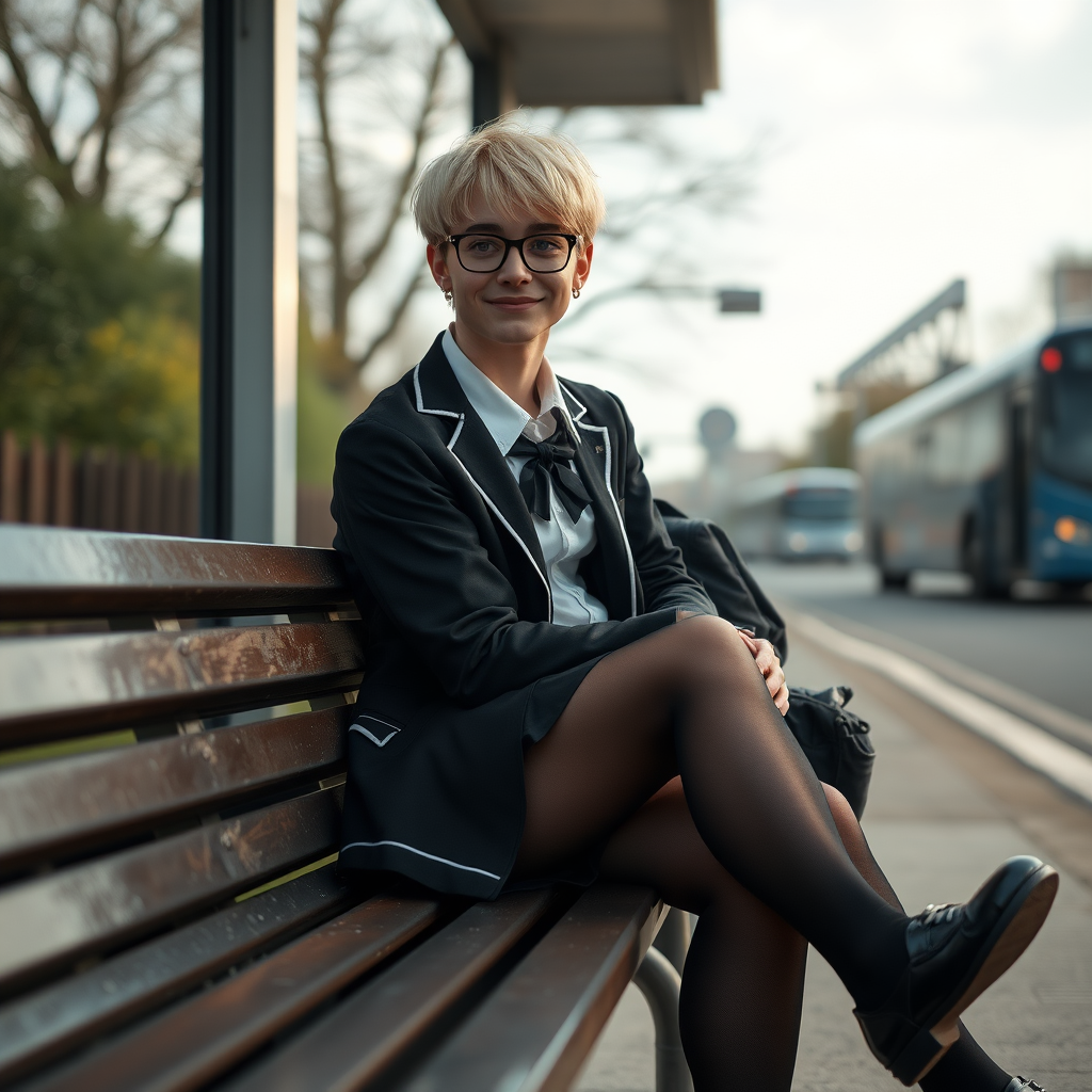 photorealistic, ultra high resolution, 16K, surreal fantasy, soft studio lighting, a pretty 18 year old goth male, slim male physique, short blonde hair, black glasses, goth makeup, earrings, shiny black pantyhose, UK girls-school uniform, Mary-Jane shoes, sitting on his boyfriend's lap on a bench waiting for the school bus, in daylight, excited smile, facing the camera.