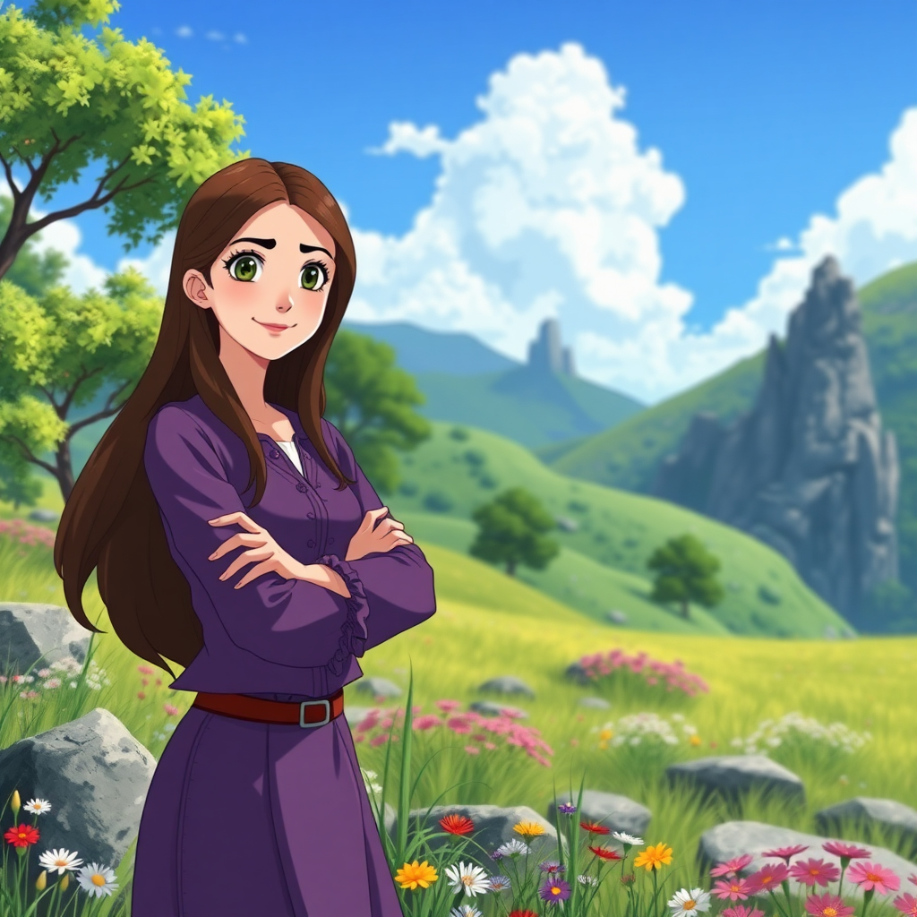 Maryam Rezaei, a 27-year-old young lady with long brown hair, white skin, purple blouse, purple skirt, relatively large green eyes, looking at the camera, and standing confidently with crossed arms and a slight smile, exuding a relaxed and self-assured demeanor, anime wallpaper, rocky meadows, breathtaking realistic, inspired by John Henry Kingsley, in a meadow, miyazaki's animated film, john stephens, medium shot, with Spring green trees, green hills, colorful flowers, beautiful blue sky in the background.