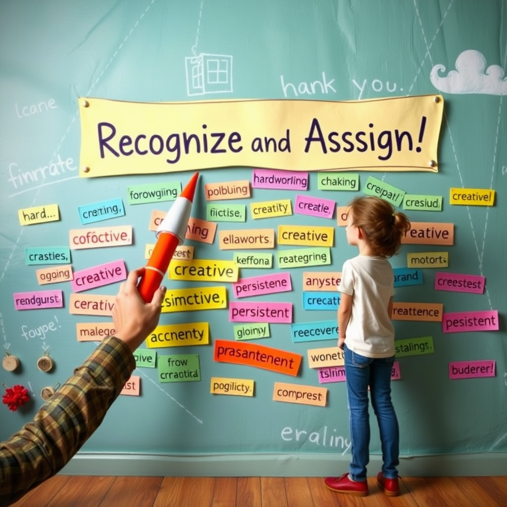 An imaginative scene showing a person with a large pointer stick, highlighting different traits on a colorful wall filled with characteristics like "hardworking," "creative," and "persistent," with a banner reading, "Recognize and Assign!"