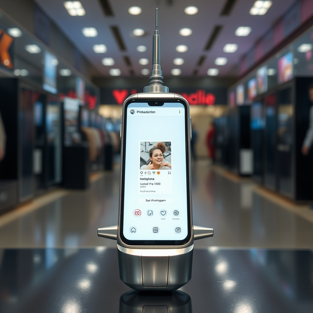 A front view of a mobile phone in a shape inspired by a syringe, metallic futuristic, kept for sale, in a showroom, metallic body, touchscreen phone with Instagram page open on the screen, needle on top, whitepunk.