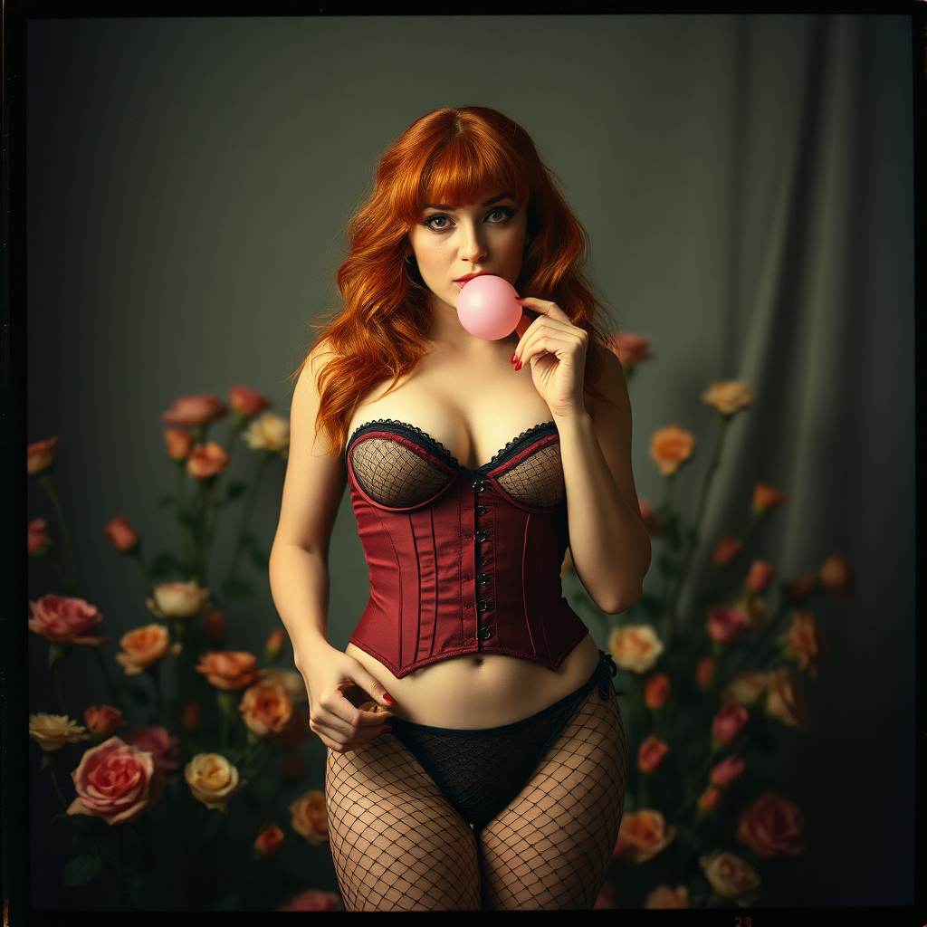 a scan of an old film photo with heavy dark vignetting and color ting and light leak and visible wear and cracking with visible lines from being folded depicting a sexy curvy alt goth girl with red hair wearing a cupless underbust corset and fishnet bra barely covering nipples and with tiny tight fishnet bikini gstring thong standing in a photography studio filled with flowers, with pink bubblegum with innocent look on her face, pulling tightly up at the edge of her panties