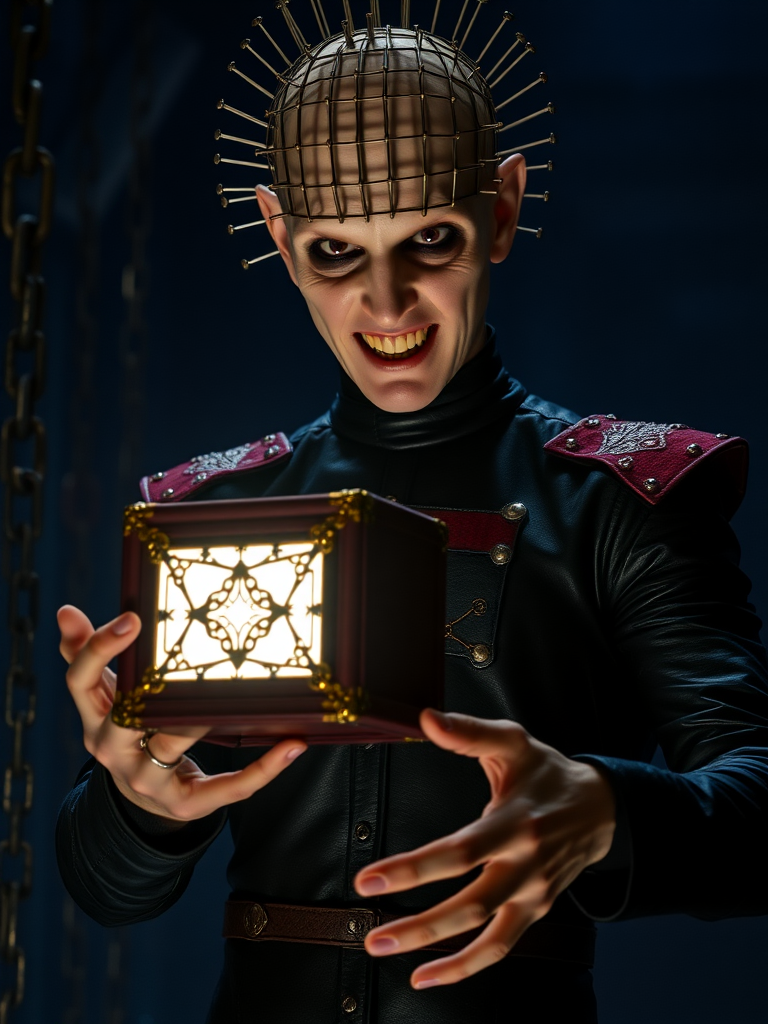 A cinematic and unsettling promotional image from the Hellraiser series features the character Pinhead, standing at the center of the frame. Pinhead has a pale, smooth-skinned head with a grid-like structure of metallic pins and needles protruding from it, arranged in a symmetrical pattern. His expression is intense and menacing, with hollow eyes and a partially open mouth revealing sharp, yellowed teeth, conveying an eerie and threatening appearance. He wears a dark, tight-fitting leather outfit with intricate designs, including red patches and metallic accents on the chest and shoulders. His hands are pale and slightly blurred, holding a small, ornate box with both palms facing downward. The box is dark red with intricate gold designs and geometric shapes, emitting a bright, glowing light at its top, creating a stark contrast against Pinhead's dark attire. The light from the box casts dramatic shadows on Pinhead's face and upper body, emphasizing the texture of his skin and outfit. The background consists of dimly lit chains hanging from the left side, enhancing the gothic and industrial atmosphere. The overall color palette includes dark blue, midnight blue, black, pale skin tone, and metallic shades, contributing to the eerie and sinister mood. The lighting is low-key with high contrast, focusing attention on Pinhead and the illuminated box, creating a haunting ambiance. The image employs a shallow depth of field, blurring the background while emphasizing the character and the mysterious object he holds.