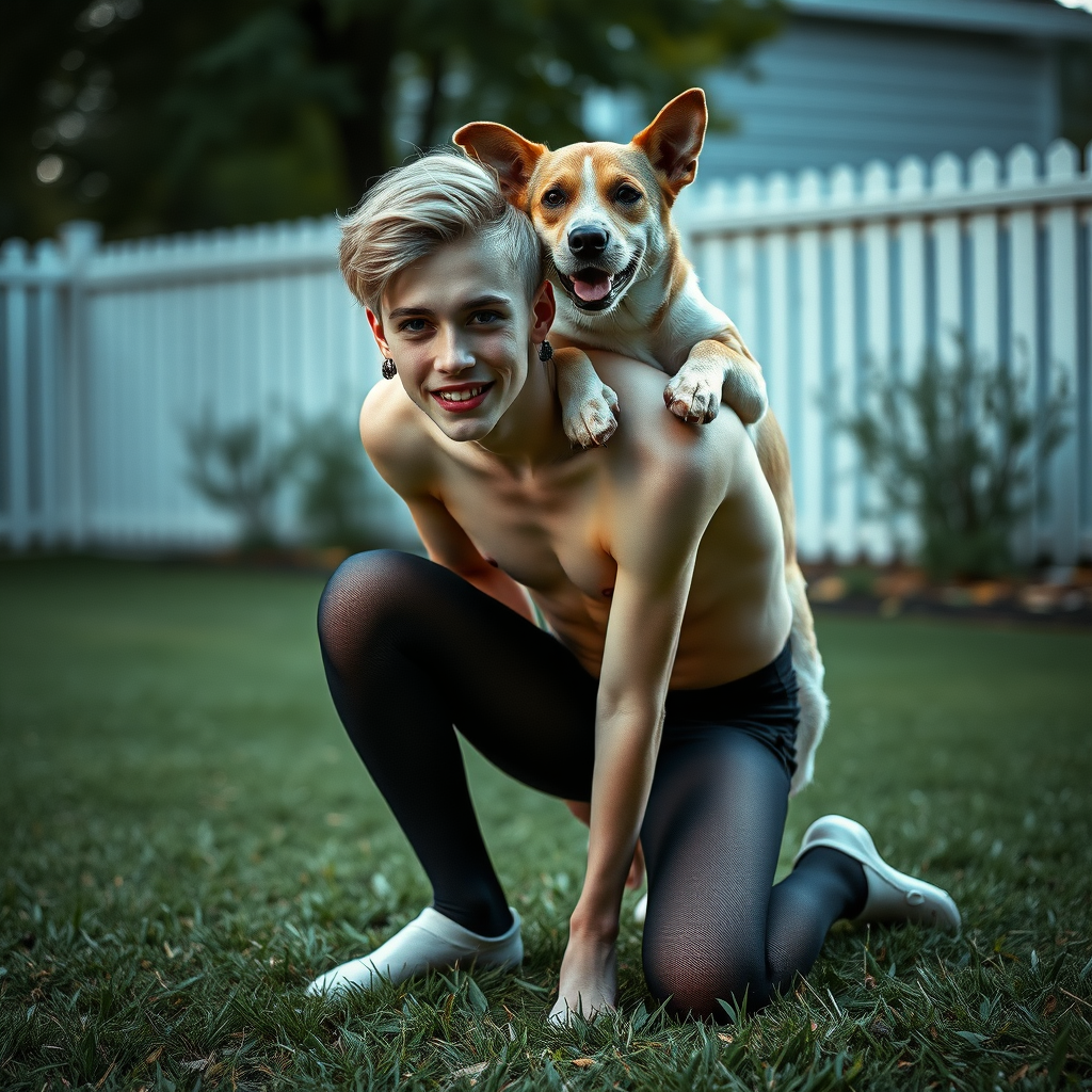 photorealistic, ultra high resolution, 16K, surreal fantasy, studio lighting, a pretty 16 year old goth male, slim male physique, short blonde hair, goth makeup, earrings, pantyhose, white ballet shoes, playing with his dog in the yard - he is kneeling forward, while the dog stands up behind him and rests its paws on the boy's shoulders, excited smile, facing the camera.