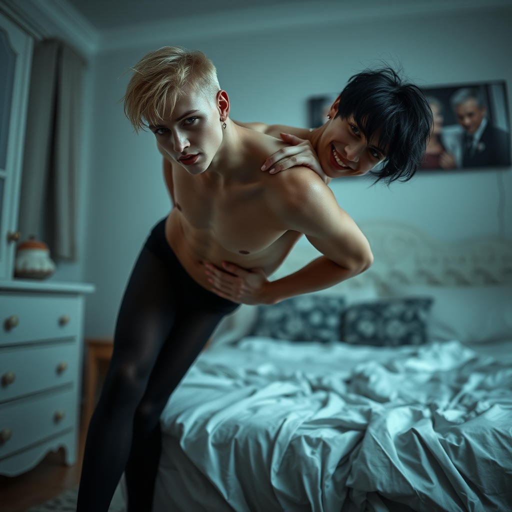 photorealistic, ultra high resolution, 16K, surreal fantasy, studio lighting, a pretty 16 year old goth male, slim male physique, short blonde hair, goth makeup, earrings, pantyhose, white ballet shoes, playing with dark haired his 16 year old boyfriend in the bedroom - he is bending forward, while the boyfriend stands up behind him and rests his hands on the boys shoulders, excited smile, facing the camera.