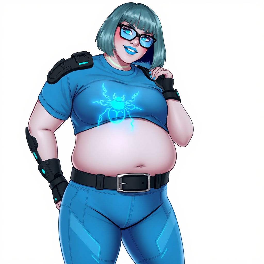 A 28-year-old, full-figured, metallic light neutral gray (N7) skinned computer program hybrid with a maximum blue bob cut. She has a non-athletic build, highlighted by a prominent, round, large midsection (with full emphasis on her large belly), which shows the effects of her love of junk food acquired from her boyfriend. As the full-figured, nerdy, digital sidekick to her cyberpunk vigilante boyfriend, her metallic light neutral gray skin and maximum blue lipstick (5PB 5/12) emphasize her digital nature. Her skin has a subtle, animated glow, with digital patterns occasionally flickering across it, making her digital nature obvious. She wears a digital, computerized costume, consisting of a huge, tight-fitting, maximum blue t-shirt (5PB 5/12) with a neon blue glowing chest icon of a beetle, hi-tech shoulder pads with neon blue accents, a black hi-tech belt with a digital neon blue glowing buckle, digital maximum blue biker pants (5PB 5/12) with neon blue accents, and black hi-tech fingerless biker gloves with neon blue glowing accents. Her neon blue glowing eyes, black eyeglasses with neon blue glowing lenses equipped with a built-in HUD, and bashful smile with neon red blush accentuate her nerdiness. She stands bashfully with one hand behind her back and the other hand gently touching her cheek, her costume covering all her skin and fully emphasizing her full-figured physique (especially her large belly). She is clearly non-athletic, with a full focus on her full-figured physique. Despite her build, she radiates beauty. She has a slim face compared to her physique, accentuating her radiant beauty. She is on a solid white background. She is drawn as if she were in a retro 2D cyberpunk fighting game.