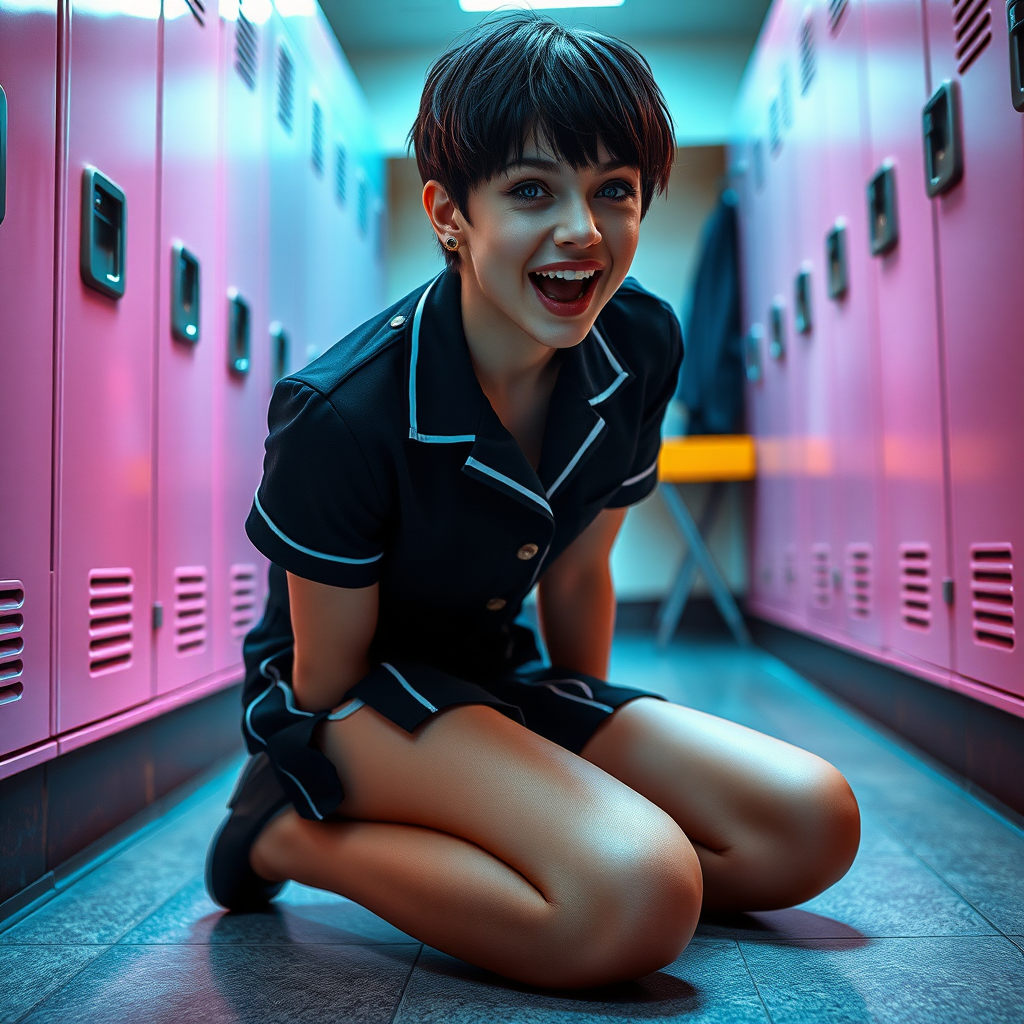 photorealistic, ultra high resolution, 16K, surreal fantasy, soft studio lighting, a pretty 17 year old goth male, slim male physique, short dark hair, blue eyes, goth makeup, earrings, sheer pantyhose, UK girls-school uniform, Mary-Jane shoes, kneeling on the floor of the locker room looking up at the camera, excited open mouth smile, drooling saliva, facing the camera.