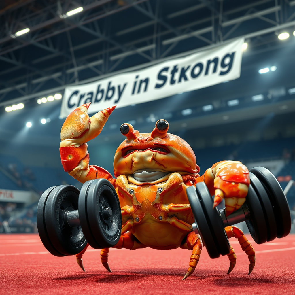 A photo realistic crab lifting weights with his claws in a sport arena with a banner overhead that says "Crabby is Strong"