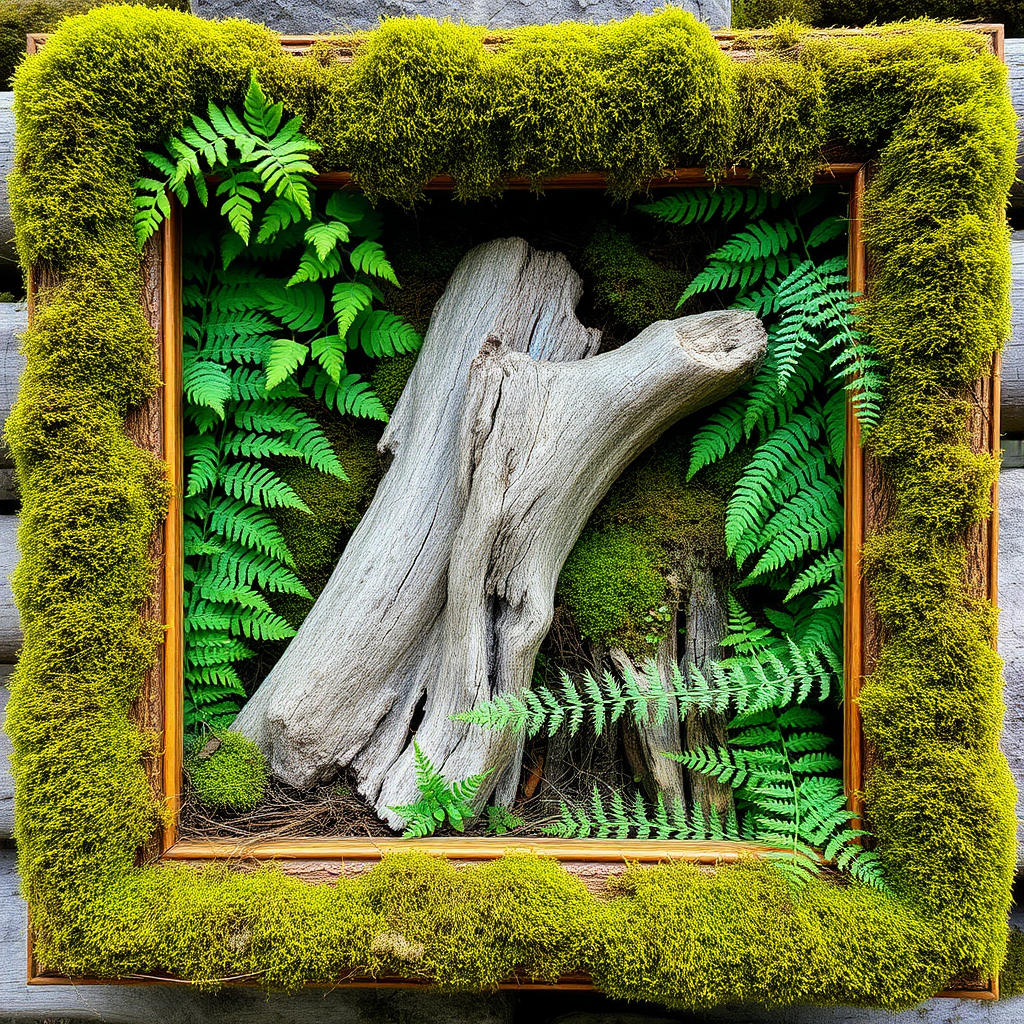 A picture frame is filled with ferns and moss, with a piece of dead wood in the middle, and moss covering the empty corners.