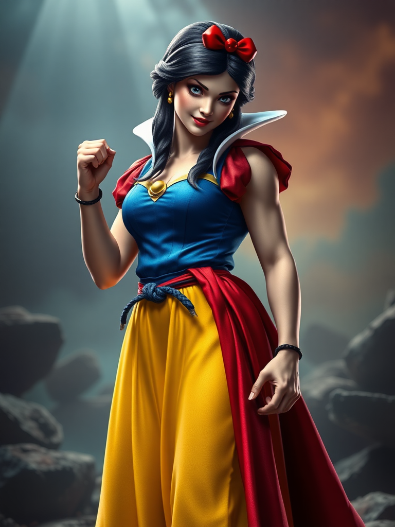 Create a full-length hyper-realistic render of Snow White using the body type of Ryu from Street Fighter. Retain Snow White's head and costume while adjusting the body structure and silhouette to reflect Ryu's muscular build and gender. Ensure the render captures the essence of both characters, maintaining Snow White's iconic look while integrating Ryu's athletic physique. The background should blend elements from both characters' worlds, creating an appropriate setting that complements their personalities and storylines. The final image should be vibrant, detailed, and striking, showcasing the unique fusion of these two iconic figures.