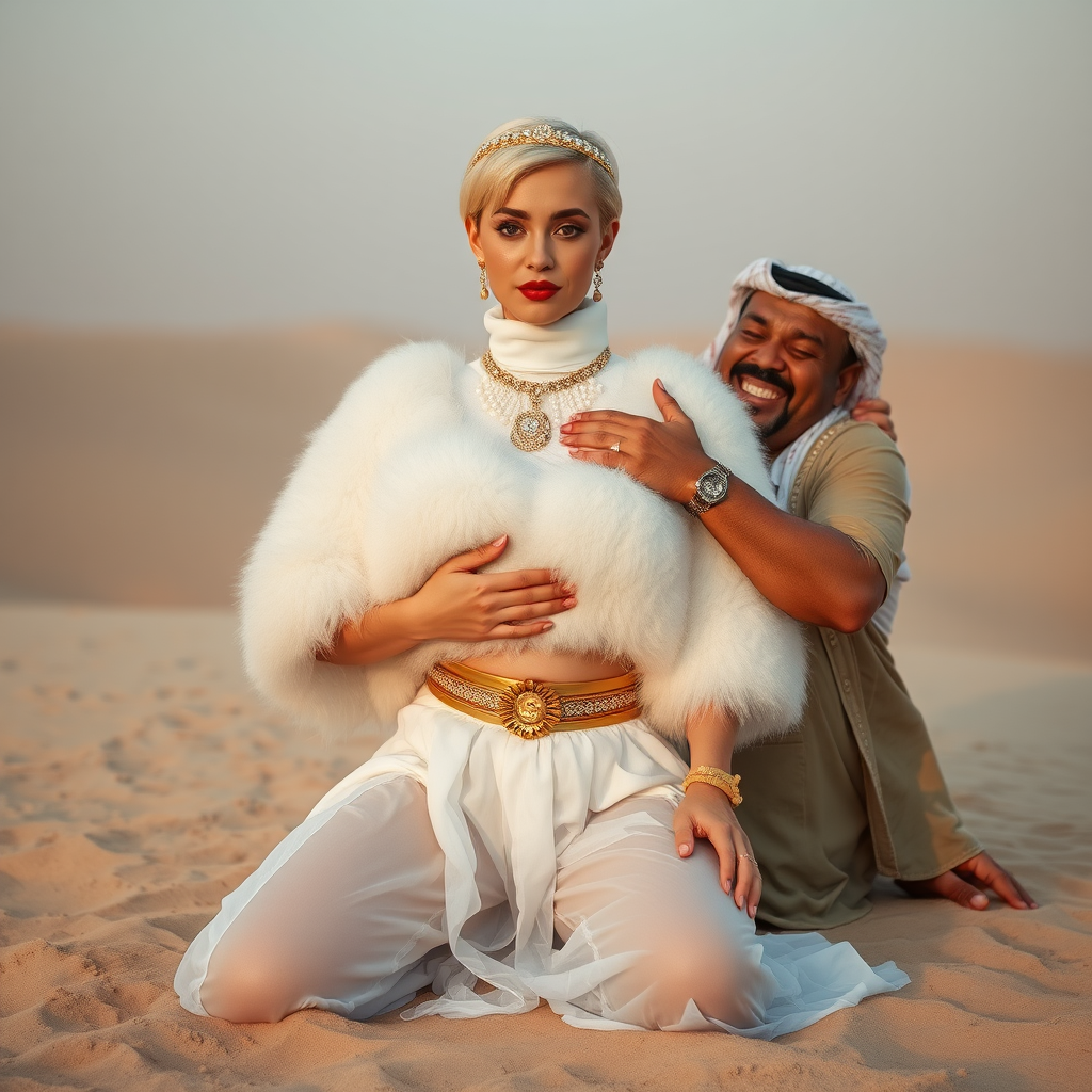 Kuwait desert dunes misty dawn: Melissa, European 17 years old very convincing femboy “trophy-bimbo”, tamed servile docile, very beautiful feminine flawless face, rather short boyish figure, platinum blond short tight curls, bold red lips, heavily made-up face, wearing Supertanya-style fluffy very fuzzy bright white angora turtleneck-poncho cropped ending under bust decorated with pearls and gemstones, striking oriental wide gold bridal protection belt, white fully transparent harem pants, full Oriental bridal jewelry with striking headpiece, full Oriental face-jewelry, striking diamond “$$$” letter brooch on left chest, pout frustrated, hands tied behind back, kneeling in sand, looking at camera. Focus on face and turtleneck-poncho. Sitting next embracing Melissa: older overweight mighty sheik laughing.