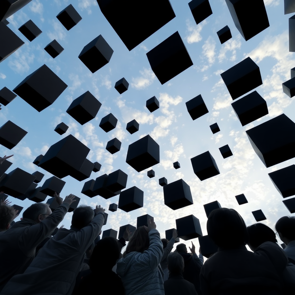 People all over the world look up and see black Cubes stretching squares in the sky.