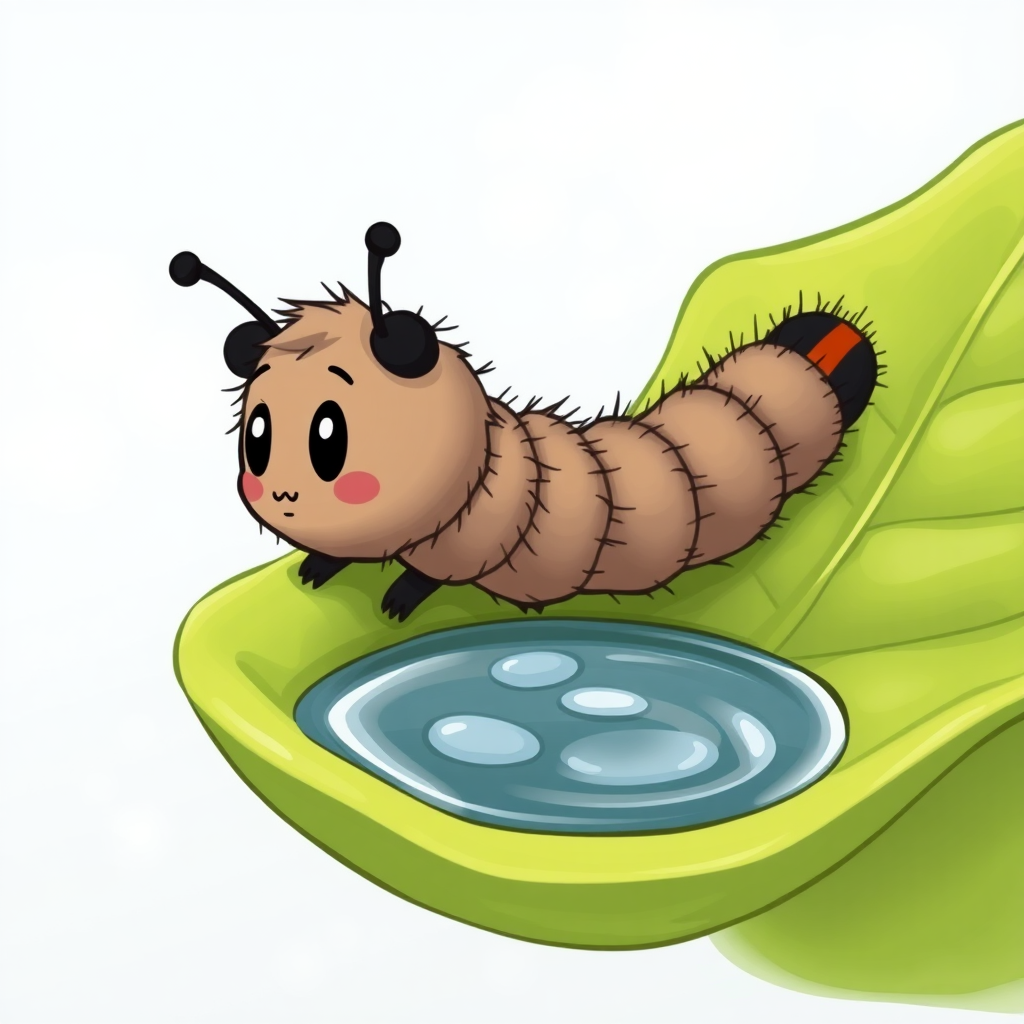 A cartoon of a wooly bear caterpillar, black on each end, looking at the reflection of his rust-brown strip in his reflection from a small pool of water in a cupped leaf.