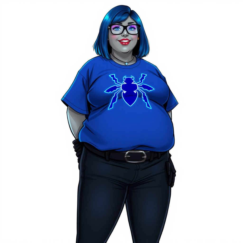 A 28-year-old, full-figured, metallic middle gray skinned computer program hybrid with a maximum blue bob cut. She has a non-athletic build, highlighted by a prominent, round, large midsection (with a full emphasis on her belly). As a digital sidekick, computer hacker, and nerdy girlfriend to her cyberpunk vigilante boyfriend, her middle gray metallic skin and maximum blue lipstick emphasize her digital nature. She wears a costume consisting of an oversized, tight-fitting, maximum blue t-shirt (accentuating her large belly) with a neon blue glowing chest icon of a beetle, black pants, a black belt with a sapphire scarab buckle, and black gloves. Her bright blue eyes, black eyeglasses, and lovestruck smile with neon red blush accentuate her nerdiness. She stands bashfully with her hands behind her back, her t-shirt covering all her skin (especially her large midsection) and emphasizing her full-figured, non-athletic physique. She is on a solid white background. She is drawn as if she was in a retro 2D cyberpunk fighting game. She is clearly non-athletic, with emphasis on her full-figured and pudgy physique. Ensure her t-shirt covers her midsection (especially her large belly).