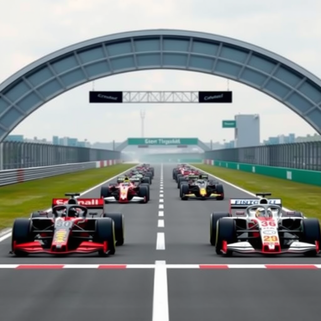 race track in a straight line with F1 cars ready for the race