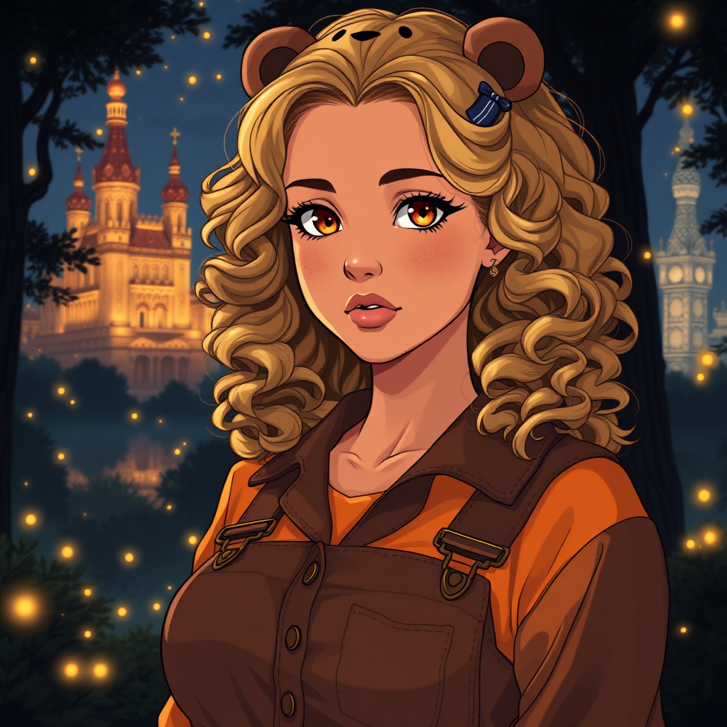 Create a detailed, 80s anime-style image of a 25-year-old woman with olive skin. Her eyes are amber and orange in color. Her hair is voluminous and curly to her shoulders. She has delicate features and her face is strong and cute at the same time. She wears a brown jumpsuit and an orange blouse underneath. She has freckles on her face. It's in the middle of a dark forest, lit by fireflies that glow softly. In the background, a city with fantastic architecture, giving a magical touch to the scene. The image must be anime style, capturing every detail with precision and 8k quality. It looks like a photograph. Extremely anime. 25 years old. She wears a bear clip on her head. Beautiful. Beautiful. Extremely realistic. Beautiful appearance. Shiny golden blonde hair.