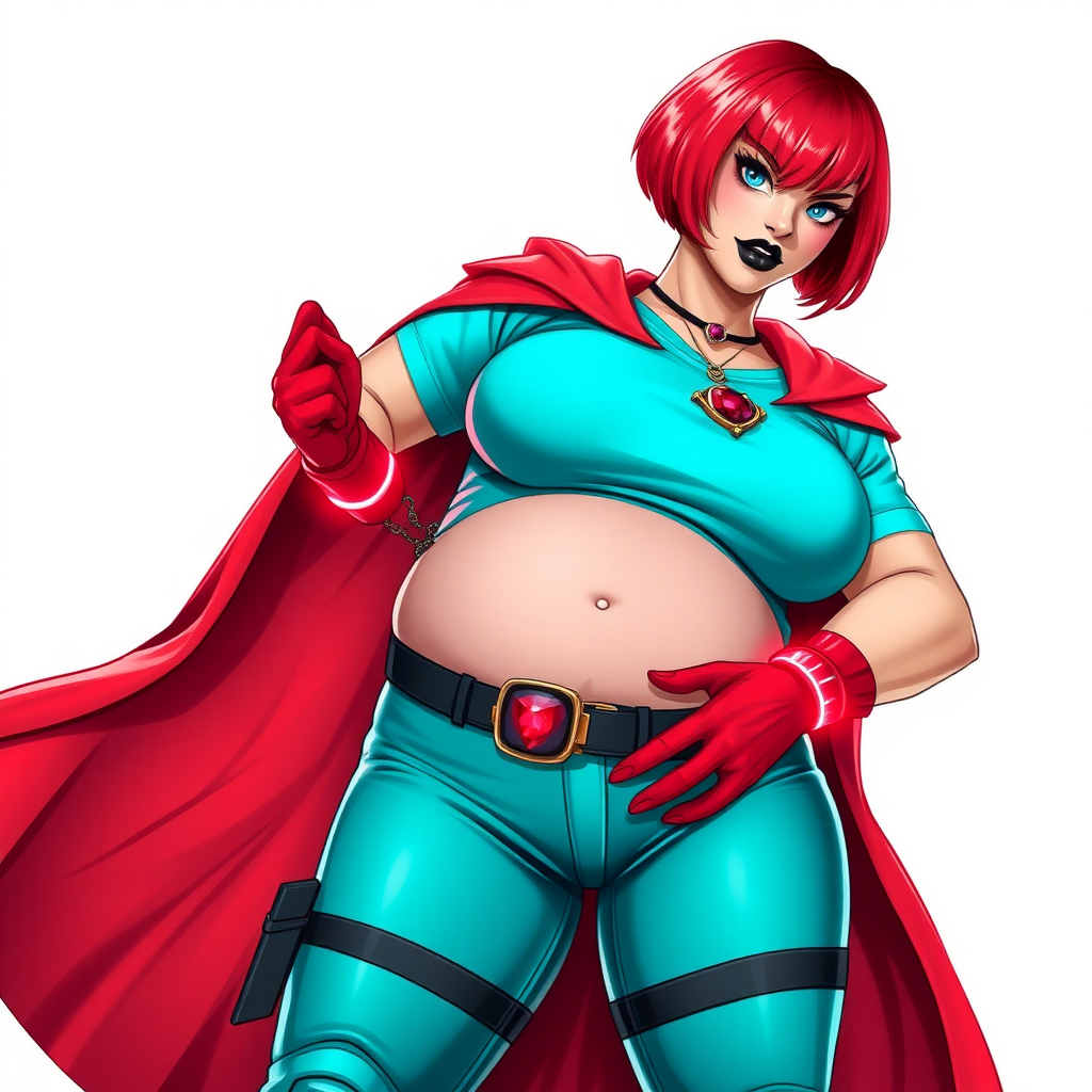 A 26-year-old, full-figured, mystical vigilante detective becomes the heavily pampered mystical ally of her cyberpunk vigilante older brother figure. She has a bright red bob cut, black lipstick, and piercing bright blue eyes. She has a new non-athletic build, now highlighted by a prominent, round, gargantuan midsection (fully focused on her gargantuan belly), which shows the aftermath of her new pampered lifestyle. Despite her pampered physique, she shows full confidence. She wears a biker suit consisting of an enormous, magical, tight-fitting, maximum turquoise t-shirt (accentuating and emphasizing her gargantuan belly), maximum turquoise biker pants, complemented by a glowing neon red cape, a mystical ruby amulet (which is the source of her mystical powers), and magical red gloves glowing neon red. Her stance is firm and resolute, arms crossed, exuding a no-nonsense attitude. Her costume reflects the influence of DC New 52 Prime Earth’s Phantom Lady, Jennifer Knight, while her pose embodies the moral ambiguity and determination reminiscent of DC’s Pax Americana’s The Question. She is on a solid white background. She is drawn as if she was in a retro 2D cyberpunk fighting game. She is clearly non-athletic, with a focus on her full-figured physique (especially her gargantuan belly). Make sure that her t-shirt covers all of her bare skin (especially her gargantuan midsection).