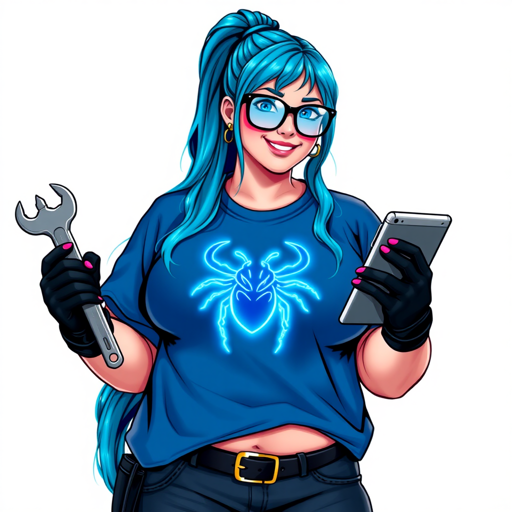 A 28-year-old, full-figured computer hacker and tech wiz, she is the girlfriend of a cyberpunk vigilante. Her long maximum blue ponytail, and striking, bright blue eyes make her stand out. Her wrecking ball-sized midsection, sequoia-sized limbs, and broad shoulders define her full figure, which has been heavily pampered by her doting boyfriend. Her nerdiness is blatantly obvious, and she serves as her boyfriend’s tech expert.

As the loyal and supportive sidekick, she plays a crucial role in their missions, using her digital and technological prowess to assist and protect. She wears an oversized maximum blue t-shirt adorned with a glowing neon blue beetle chest icon, black oversized eyeglasses, and black high-tech gloves. She beams with a neon red blush, holding a futuristic wrench and a digital holographic tablet. She is on a solid white background. She is drawn as if she was in a retro 2D cyberpunk fighting game.