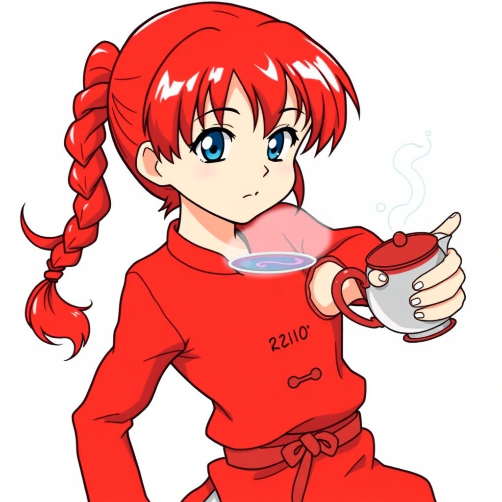 Ranma Saotome from the series Ranma 1/2 is a red-haired girl with a braided pigtail, blue eyes who usually wears a Chinese martial arts outfit. The drawing style is that of Rumiko Takahashi.

Ranma can be seen dodging a teapot filled with hot water.