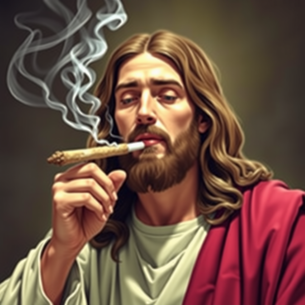 Jesus Christ smoking a joint.