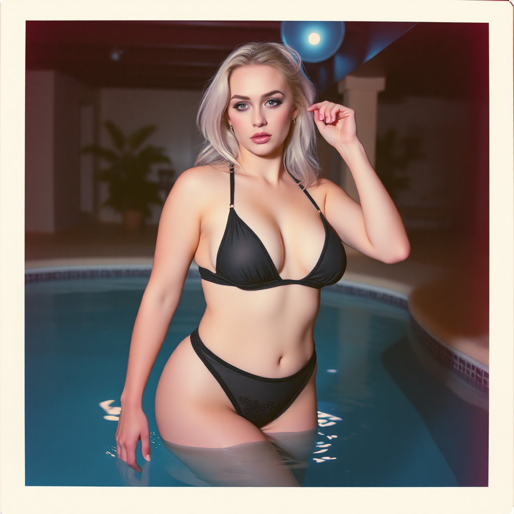 old polaroid photo with heavy vignetting and pink and blue artistic studio lighting color tint and light leak, depicting a sexy curvy thicc pale white alt goth girl with eye makeup, pulling down her tiny revealing black see thru bikini gstring thong, standing in a pool