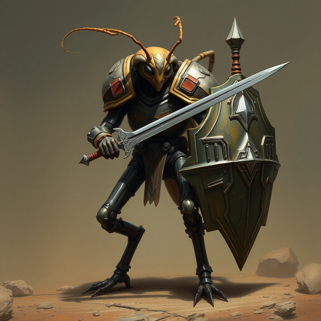 A bipedal insect alien, armored, sword and shield, realistic