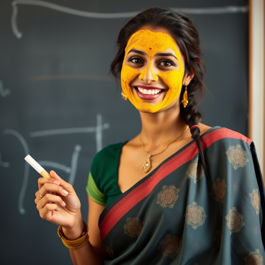 slim, 30 year old, sexy, indian female school teacher, saree, turmeric face mask. She is smiling and teaching on a blackboard