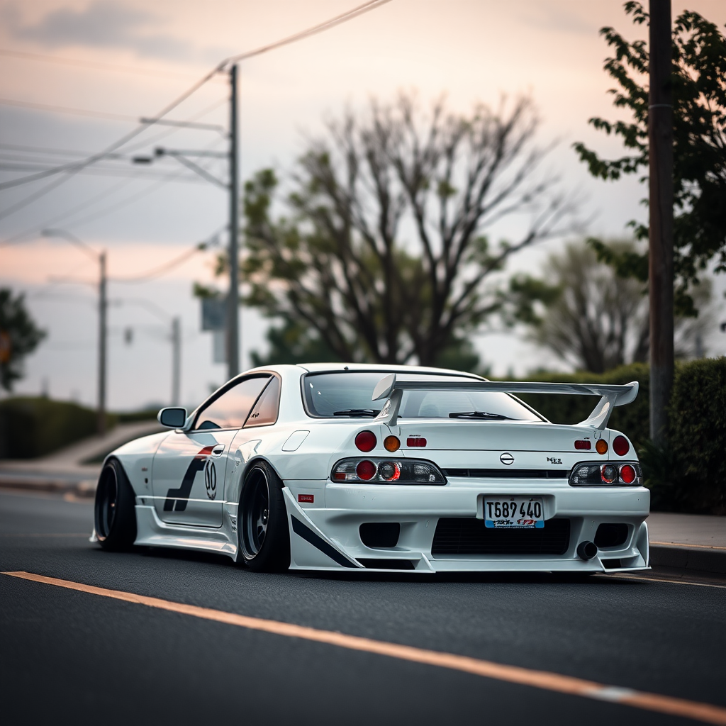 concept tuner nissan silvia s14 the car is parked on the side of the road, inspired by Taiyō Matsumoto, tumblr, restomod, nd4, c4