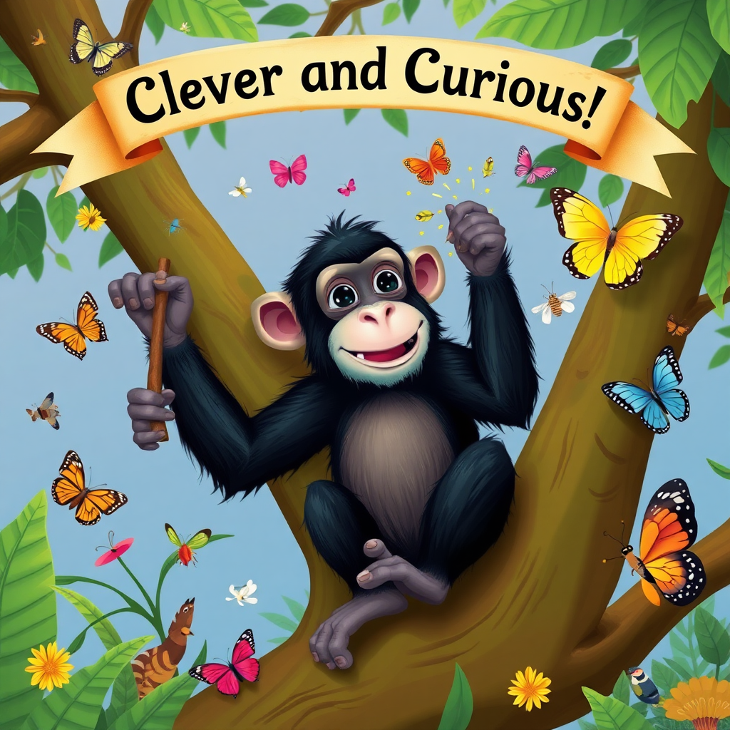 An imaginative scene of a playful chimpanzee sitting in a tree, using a stick to catch insects, surrounded by colorful butterflies and other jungle creatures, with a banner overhead reading, "Clever and Curious!"