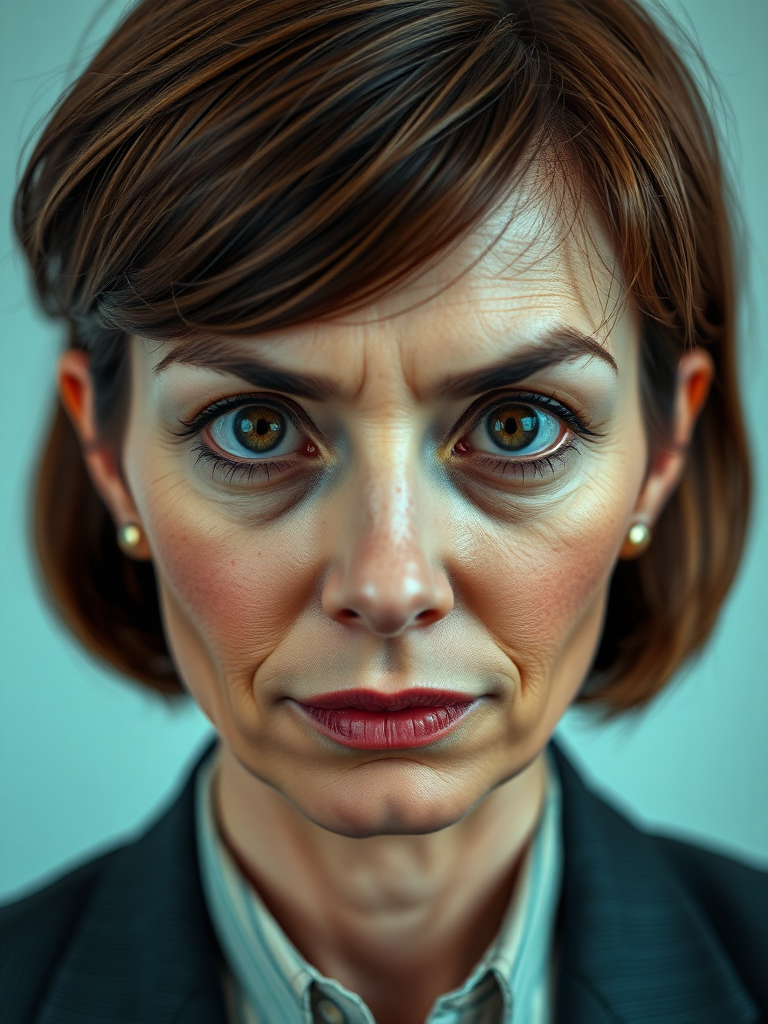 mature secretary, short brown bobcut, swept bang, brown piercing eyes, thick dark eyebrows, big nose, big mouth, big yellowish teeth, moles, skin imperfections, youthful, severe expression