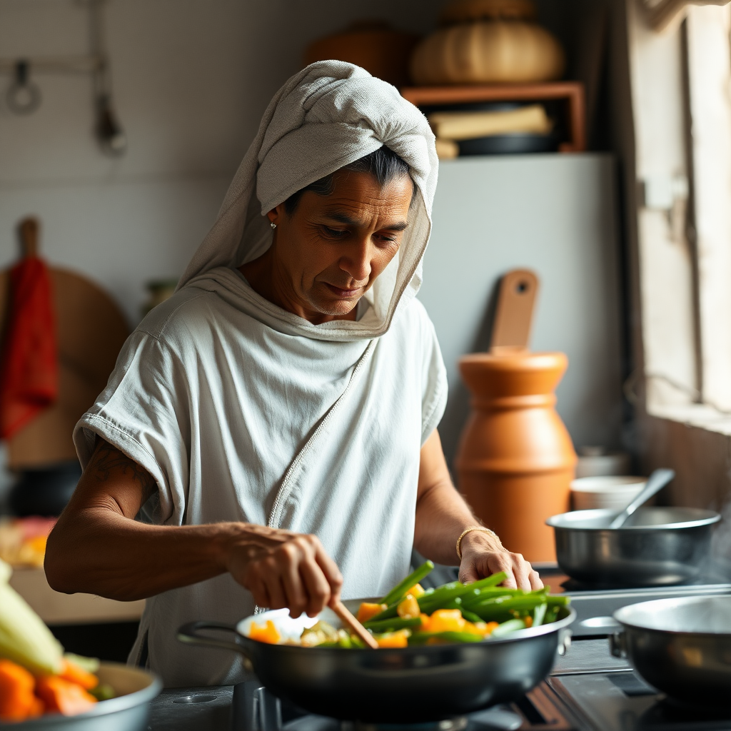 slim, 40 year old, traditional, wet Indian wife, towel head, cooking food in kitchen