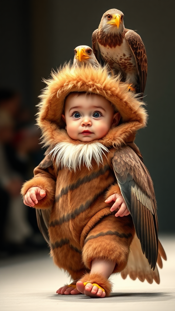 A cute small chubby fair baby with big eyes, pink lips, and pink cheeks, wearing a furry cozy eagle costume, doing a ramp walk in a fashion show, walking with a real eagle. A cinematic eagle is sitting on the baby's head.