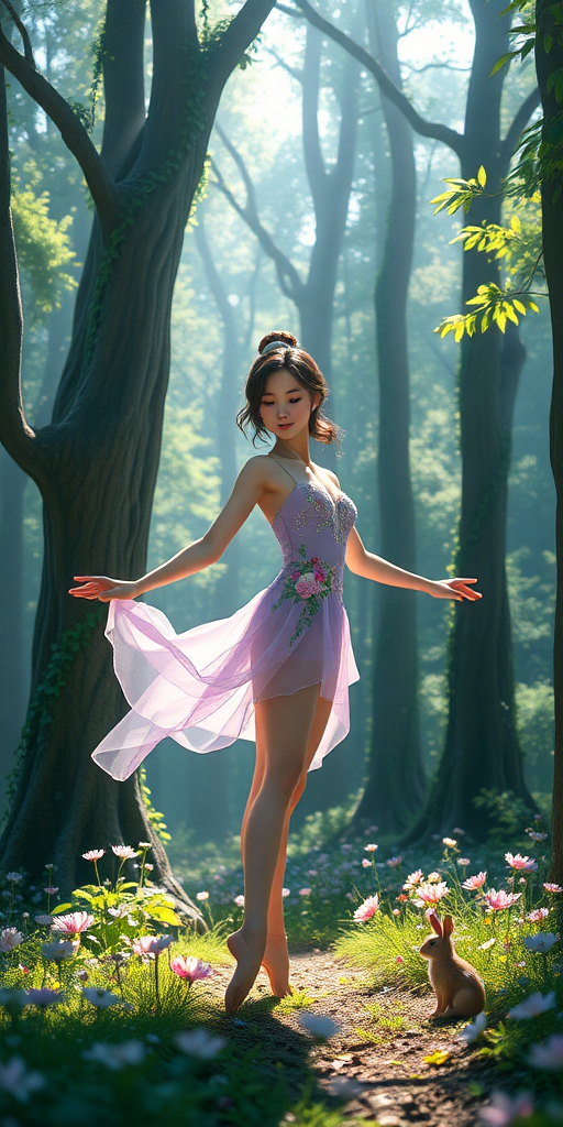 In a spellbinding forest bathed in soft, dappled sunlight, Alice Liddell emerges as a graceful young woman in her 20s, radiating confidence and poise. Her flowing gymnast leotard, adorned with delicate floral embellishments in vibrant hues of lavender, emerald, and blush, beautifully mirrors the surrounding flora, where wildflowers bloom in a riot of colors. The harmonious blend of her attire and the nature around her creates a captivating visual symphony that enchants the viewer.

Tall, ancient trees, their gnarled trunks draped in emerald-green vines, stand sentinel around her, their leaves whispering like a gentle breeze as sunlight filters through the branches, casting playful shadows on the forest floor. The air is filled with the sweet perfume of blooming jasmine and the earthy aroma of damp soil, creating an intoxicating atmosphere.

As Alice prepares to perform, her movements are fluid and graceful, almost like a dance with the very essence of nature herself. The surrounding fauna, curious woodland creatures such as rabbits and birds, pause in their activities, captivated by her presence, as if recognizing the magic she brings to their world.

The Artstation community will undoubtedly be mesmerized by the ethereal beauty of this 3D anime masterpiece, which captures not just Alice's elegance but also the enchanting spirit of the forest. Every intricate detail, from the shimmering leaves to the delicate patterns on her leotard, beckons the viewer closer, inviting them to delve into this breathtaking scene and experience a mesmerizing world infused with wonder and imagination.