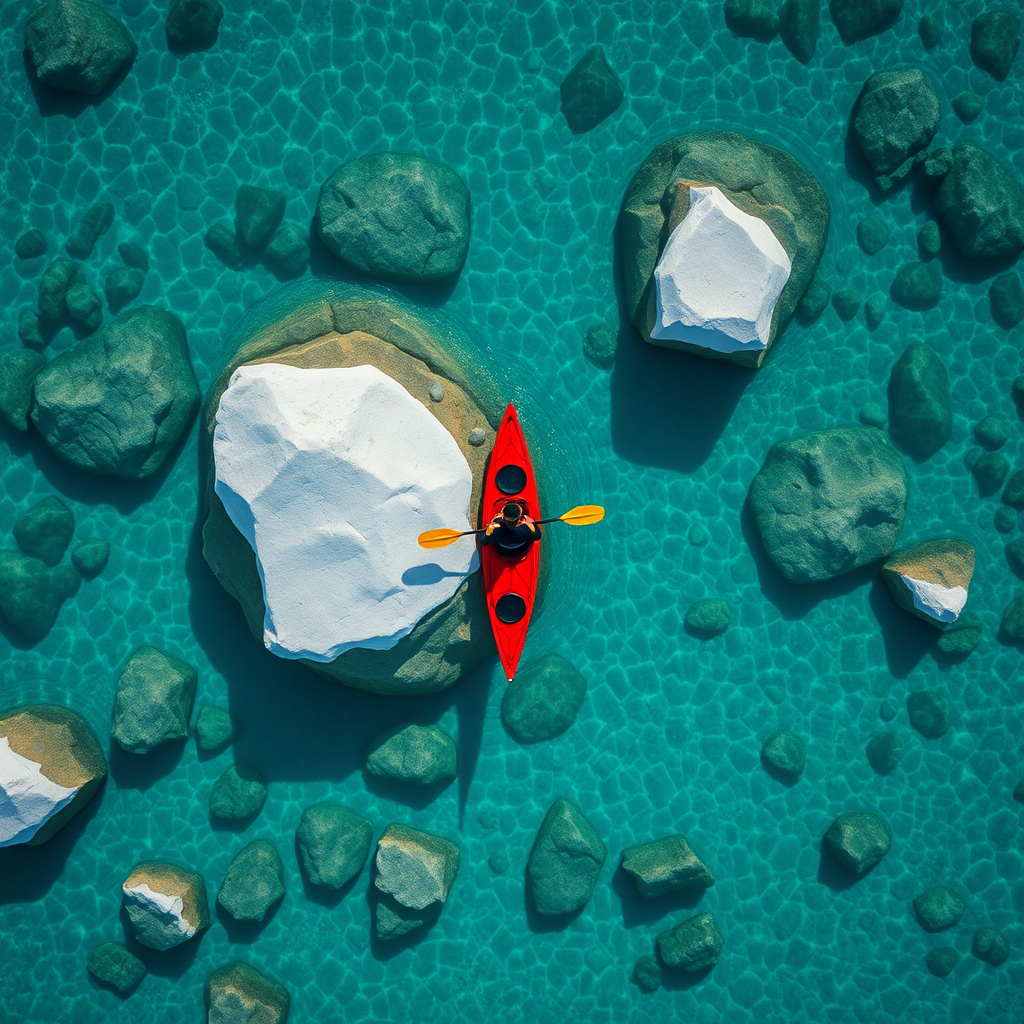 An aerial photo of a kayaker paddling through crystal-clear turquoise waters. The kayaker is in a red kayak and is surrounded by large, smooth, white rocks. The water is shallow and the bottom is visible, revealing a sandy bottom with scattered rocks. The scene is tranquil and serene, showcasing the beauty of nature. Hyper-realistic, intricate, elaborate, drone photography, 8K, UHD, HDR.