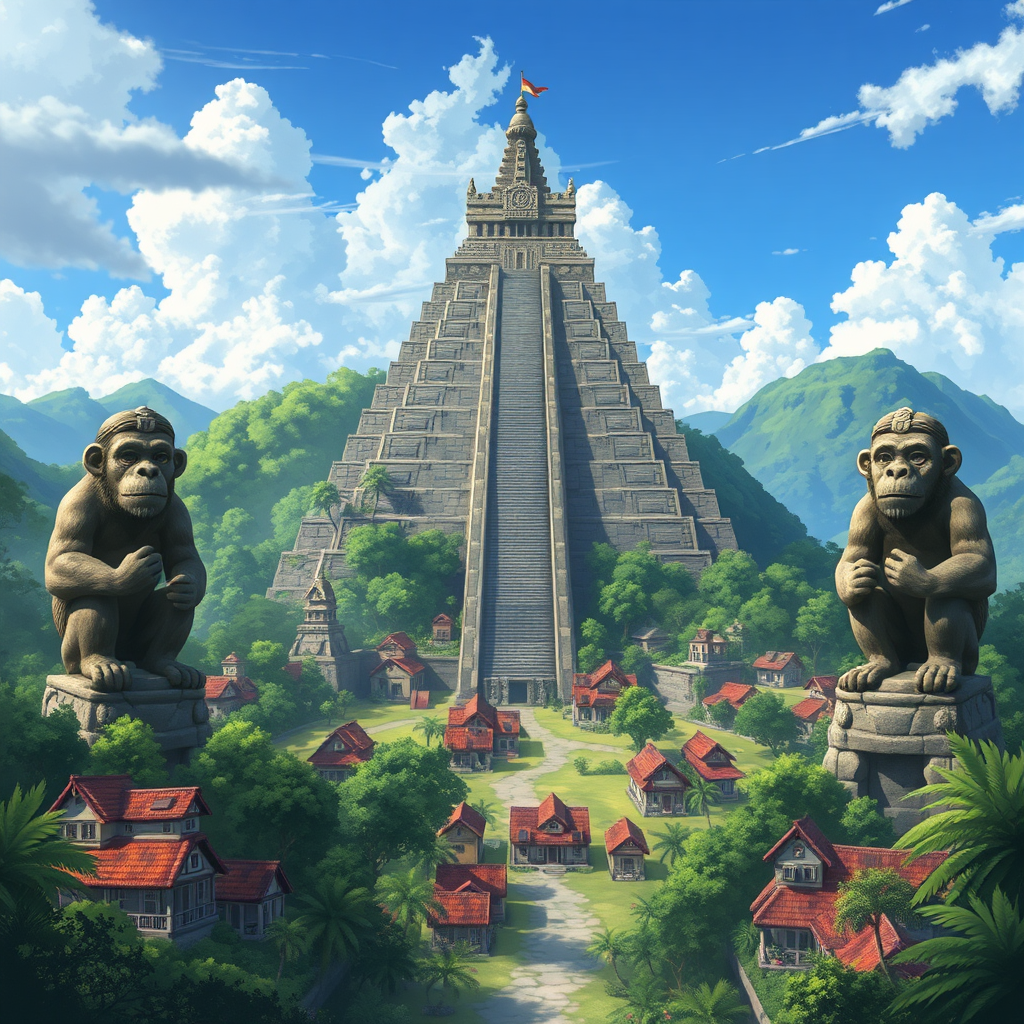 A visually stunning depiction of an anime-style landscape featuring a lush jungle realm, characterized by an ancient Mayan-inspired city filled with homes made of stone bricks. Dominating the scene is a colossal pyramid temple, flanked by two impressive stone monkey statues.