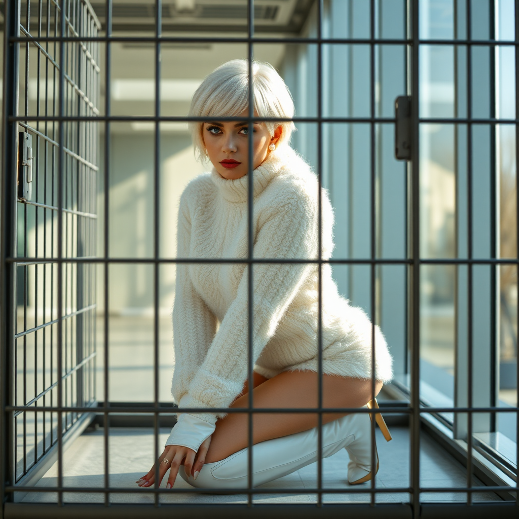 Sunny spring morning, modern glass-steel-concrete office, kneeling inside locked small steel cage, waiting for the master: Ana, European 17 years old very convincing femboy “trophy-bimbo”, tamed servile docile, very beautiful feminine flawless face, rather short boyish figure, platinum blond short tight curls, bold red lips, heavily made-up face, long French nails, wearing Supertanya-style chunky fluffy very fuzzy bright white plushy mohair figure-hugging turtleneck-knitdress with white pearl decoration, white vinyl thigh-high boots with golden heels, pearl earrings, serious, leaning forward presenting her assets, arrogantly looking through grid at camera. Full view of office.