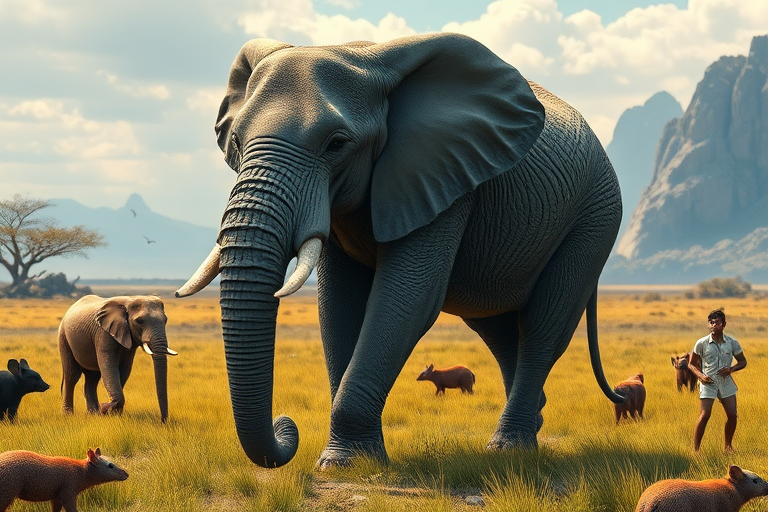 Create a full-length photorealistic image featuring an elephant that has the musculature and silhouette of a mouse. The elephant's head remains intact, complete with detailed facial features. Its skin retains the texture of an elephant while incorporating soft fur reminiscent of a mouse. The background blends elements inspired by both animals, showcasing a unique habitat, combining verdant grasslands and open spaces with hints of a cozy, burrow-like environment.