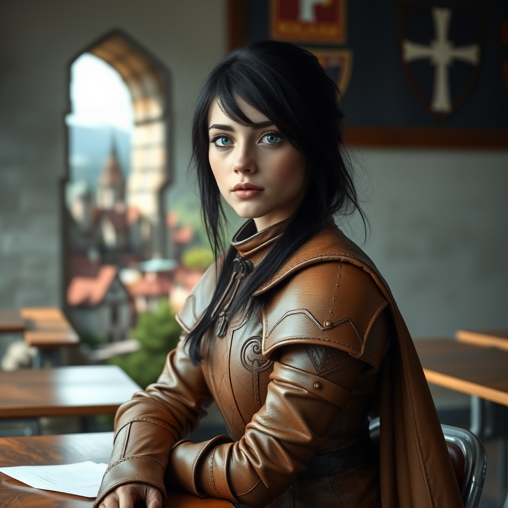 beautiful young woman, dark hair past her shoulders, blue eyes, small, slim figure, wearing light brown full leather armor suit with long cape, sitting in a school classroom at student desk with the wall missing with a beautiful medieval village in the background.