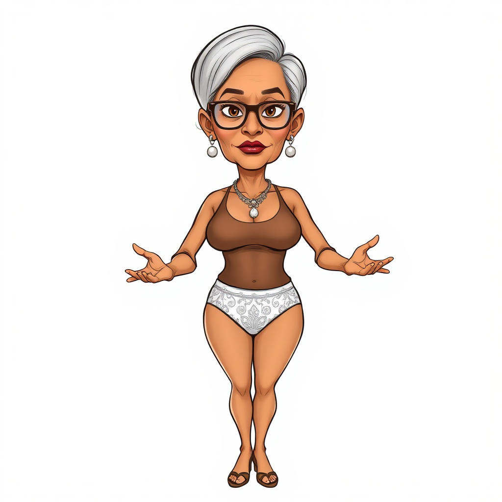 a towering 55 Years old, fit, slim, European, Latina, sharp aquiline nose, wrinkles, high cheekbones, Middle Eastern, Skinny, Tanned skin, Dark light skin, Rounded Medium breasts, Skinny thighs, full Makeup, jewelry, Serious face, Sharp nose, Ash hair, short bowl haircut, Brown eye color, Glasses, with detailed features. Hands on hips, she is wearing a transparent brown tight tank top and hyper tight white embroidered thong, detailed fabric. full body, high heels sandals, she is gesturing at the viewer, long establishing shot, 2D, caricature, cartoon, Sketch lines, coloring book, nlack and white, coloring book style on white background, well composed, clean coloring book page, No dither, no gradient, strong outline, No fill, No solids, vector illustration, realistic proportions