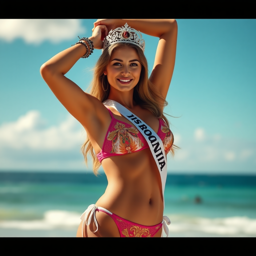 imagine: Miss Romania arms up in a bikini