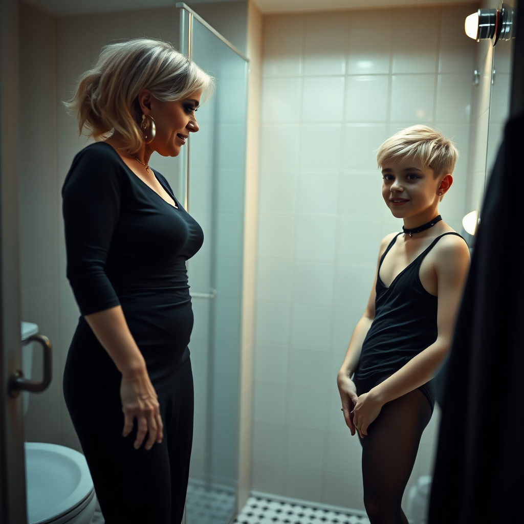 photorealistic, ultra high resolution, 16K, surreal fantasy, studio lighting, a 35 year old mother who is fully dressed for work is watching her pretty 14 year old goth son, slim male physique, short blonde hair, goth makeup, earrings, pantyhose, white ballet shoes, in the bathroom, excited smile, facing the camera.