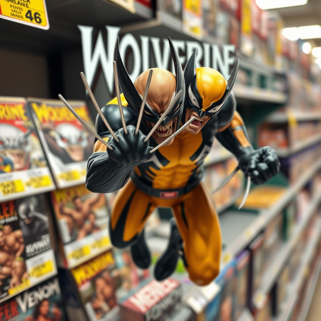 Jumping out of a comic book cover on a store shelf is Wolverine and Venom. Wolverine has his claws placed into Venom in Cinematic Real3D photo-realistic quality.